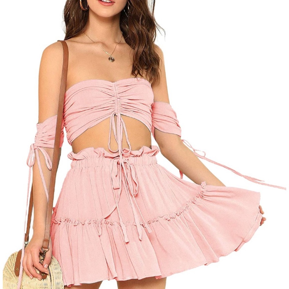 Baby pink skirt set & drawstring crop top